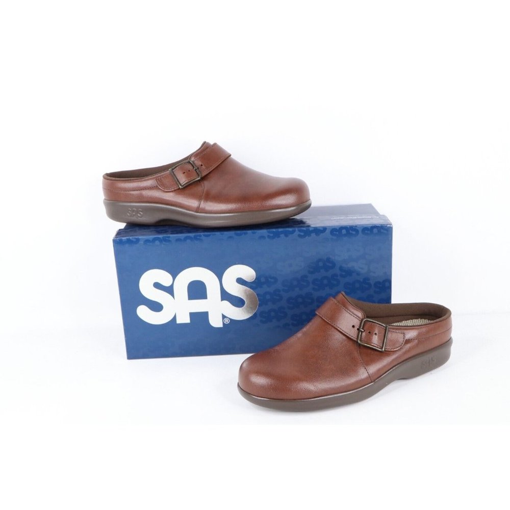 New SAS San Antonio Shoemakers Womens 7.5 N Leather Buckle Clogs Shoes Teak USA